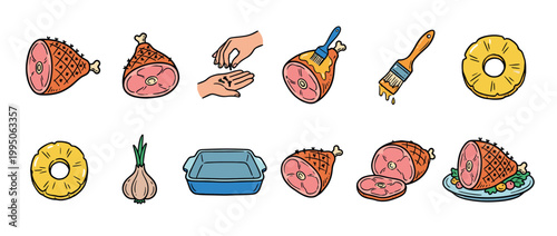 Glazed ham recipe illustration set showing cooking steps with pork, pineapple, cloves, and glaze in a colorful hand-drawn doodle style for holiday meal preparation