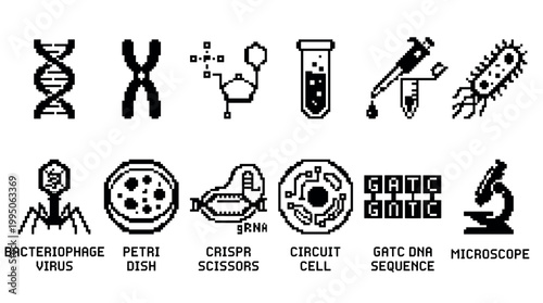 Set of black pixel art biology icons showing DNA, chromosome, CRISPR, microscope, and bacteriophage in a retro 8-bit style for scientific concepts
