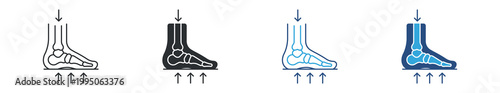 Foot Pressure icon set. Foot skeleton with directional arrows, biomechanics and weight distribution concept, podiatry analysis and support symbol, vector illustration