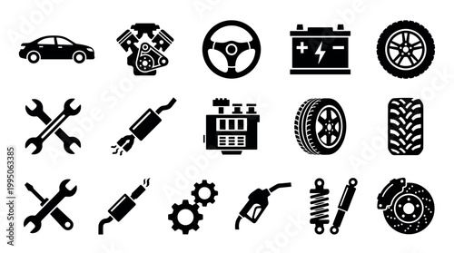 Collection of black car service icons representing various automotive parts and repair tools like an engine, wheel, battery, brake, and wrench for vehicle maintenance concepts