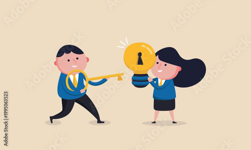 Man hands woman a key to unlock a lightbulb representing a new idea