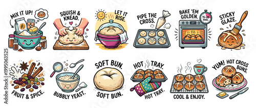 Illustrated hot cross bun recipe instructions show the step-by-step baking process in a cute, hand-drawn kawaii style, from mixing dough to glazing the finished pastry