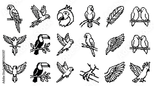 Collection of black and white pixel art icons featuring various tropical birds like parrots, toucans, and lovebirds, along with wings and feathers in a retro 8-bit video game style