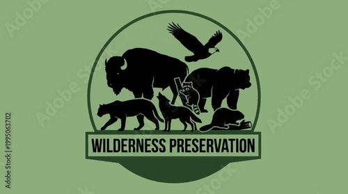 A circular emblem featuring silhouettes of various North American wildlife, including a bison, bear, eagle, wolf, cougar, and beaver, with the text "WILDERNESS PRESERVATION" below.