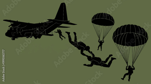 Silhouette of paratroopers jumping from a military transport aircraft during a nighttime operation.