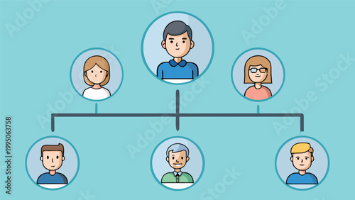 Organizational chart illustration showing a hierarchical business structure with a leader managing a diverse team of employees