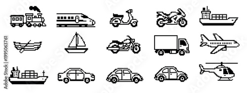 Set of pixel art transportation icons featuring various vehicles for land, sea, and air travel in a retro 8-bit video game style graphic design collection