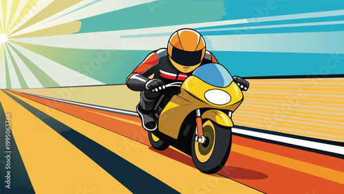 Motorcyclist racing on a yellow sport bike along a stylized highway under a bright sun in a dynamic vector illustration