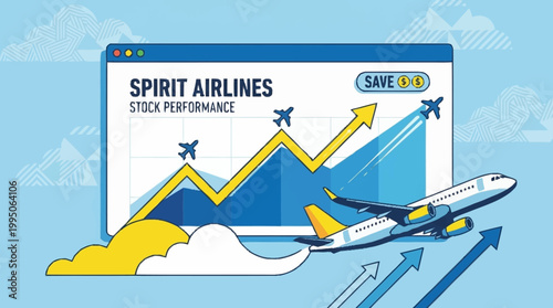 Spirit Airlines stock performance chart showing upward trend with airplane graphics and clouds.