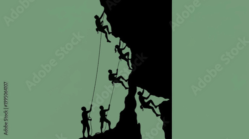 A group of climbers scaling a steep, rocky cliff face, silhouetted against a muted green background.