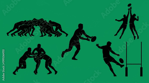 Silhouettes of rugby players engaged in various actions on a green background, including scrum, tackle, pass, kick, and lineout.