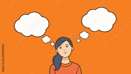 Young woman thinking with two empty speech bubbles on an orange background for creative brainstorming and decision making concepts
