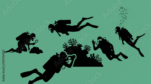 Silhouettes of divers exploring the underwater world, some examining coral reefs and the seabed.