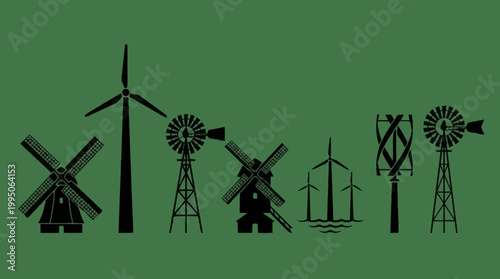A collection of various wind turbines and windmills, showcasing different designs and historical periods of wind energy technology.