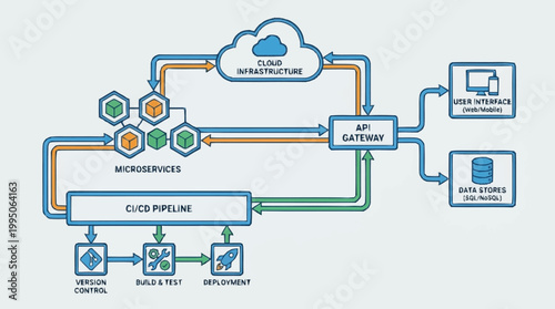 Microservices Architecture Diagram Illustrating Cloud Infrastructure, API Gateway, CI/CD Pipeline, and Data Stores.