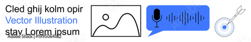 Media sharing, voice messaging, target focus, online communication, audio technology, creative design. A microphone with sound waves, an image frame and a bullseye icon. Media sharing and voice
