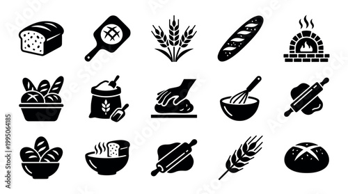 Collection of black bakery icons representing bread making with a loaf, wheat, flour sack, brick oven, and baking tools like a rolling pin, presented as a simple glyph set