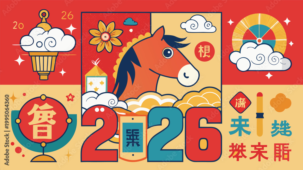 Fototapeta premium 2026 Chinese New Year greeting card illustration featuring a stylized horse zodiac sign with traditional oriental motifs and vibrant red colors