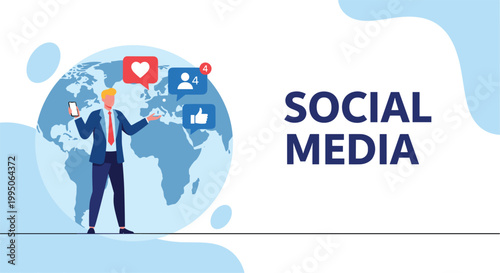 Illustration of Businessman presenting social media on a globe