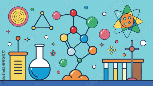 Colorful science and chemistry laboratory icons featuring molecular structures, beakers, and atoms on a flat blue background for education