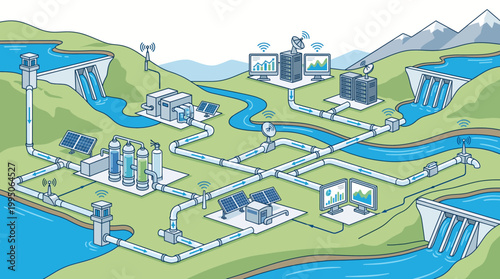 A hydroelectric dam power plant system with solar panels and industrial infrastructure.