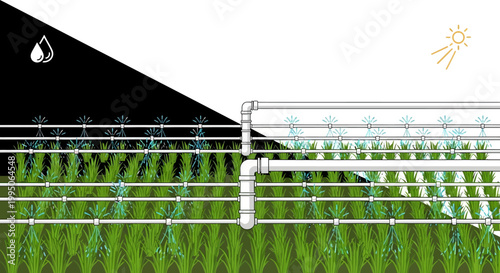 Irrigation system on green grass field.