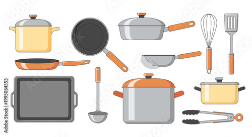 Collection of kitchen cookware and utensils.