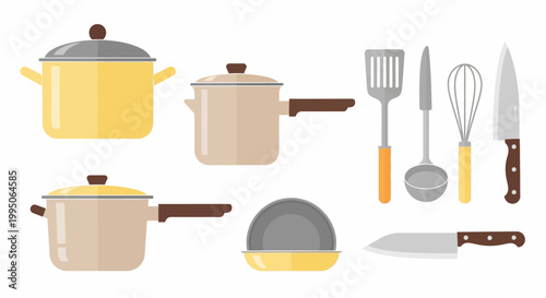 Collection of kitchen utensils and cookware.