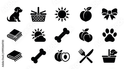 Set of black solid glyph icons representing a summer picnic with a dog, including a puppy, basket, sun, peach, bone, paw print, blanket, and cutlery for outdoor recreation