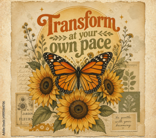 Vintage inspirational illustration with monarch butterfly, sunflowers, aged paper texture and text Transform at your own pace.
Great for posters and wall art.