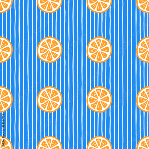 Orange slices seamless pattern on the striped white blue background. Lined italian style coastal summer wallpaper design. EPS 10 vector illustration.