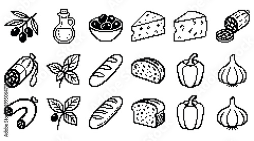 Collection of black pixel art icons depicting various food ingredients in a retro 8-bit video game style, including olives, cheese, bread, salami, basil, and garlic