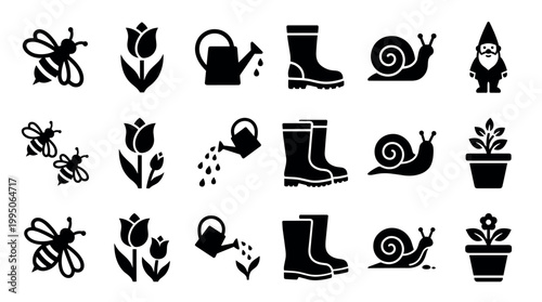 Set of black gardening silhouette icons featuring a bee, tulip, watering can, rubber boots, snail, garden gnome, and a potted plant in various simple designs