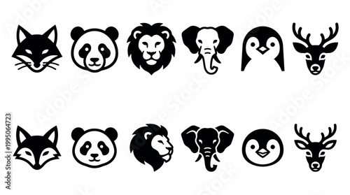 Black animal head icon collection featuring a fox, panda, lion, elephant, penguin, and deer in two distinct minimalist graphic variations, shown as a complete character set