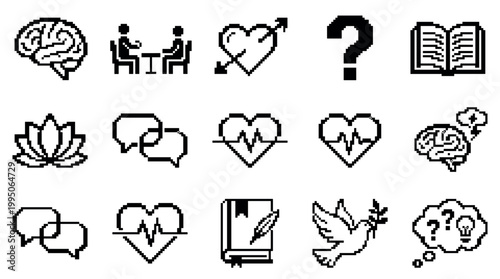 Set of black and white pixel art icons representing mental health, psychology, communication, and knowledge with symbols of a brain, heart, book, and dove