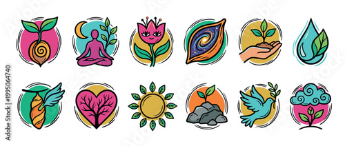 Set of colorful hand-drawn icons depicting growth, nature, and spirituality, including a sprouting seed, meditating person, heart tree, sun, and a peaceful dove with an olive branch