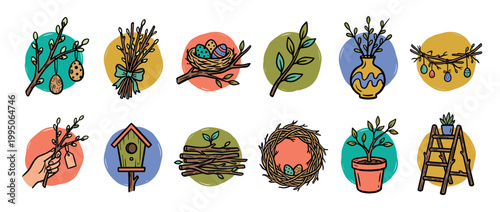 Collection of hand-drawn Easter and spring icons featuring a nest with eggs, a birdhouse, willow branches, and potted plants in a colorful doodle style for seasonal decoration
