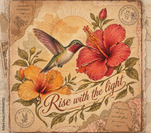 Vintage botanical illustration with hummingbird, red hibiscus, yellow flowers and antique postcard texture, featuring text Rise with the light.
Great for wall art and stationery.