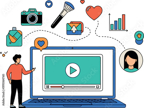 Illustration of Person interacting with laptop online media