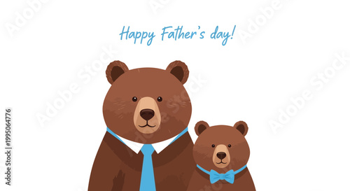 Two brown bears in blue accessories celebrate Happy Father's Day with a cute vector graphic illustration