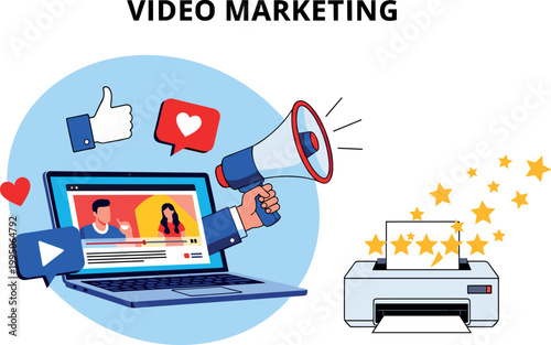 Illustration of Video marketing laptop printer social media icons