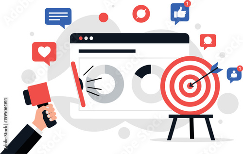 Illustration of Hand holding magnet targeting social media bullseye