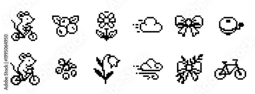 Set of twelve black pixel art icons featuring a mouse on a bicycle, flowers, clouds, and bows in a retro 8-bit video game style for a user interface or graphic design