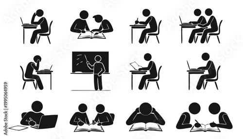 Students learning in classroom with teacher, various study and teaching activities