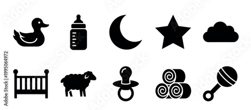 Collection of black baby sleep and nursery icons including a duck, bottle, moon, star, cloud, crib, sheep, pacifier, towels, and rattle for newborn care concepts