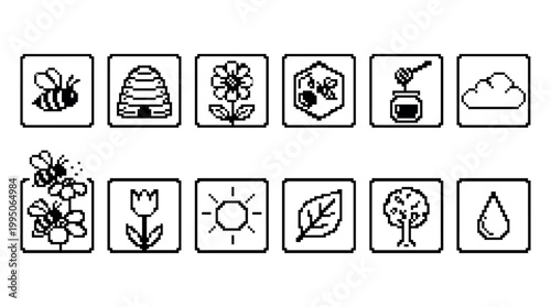 Pixel art icon set of bees, honey, and nature elements in a retro 8-bit style, featuring a beehive, flowers, sun, and tree for a minimalist digital interface