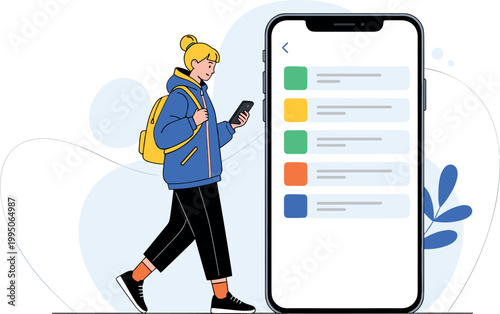 Young woman with smartphone and colorful app interface