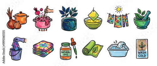 Colorful set of hand-drawn doodle icons illustrating the step-by-step process of natural textile dyeing, including plant ingredients, boiling pots, and tie-dye techniques