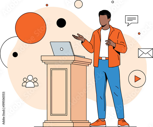 Illustration of Man giving presentation at podium with laptop