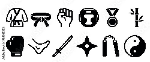 Set of black pixel art icons for martial arts and combat sports, including a gi, belt, fist, headgear, medal, glove, katana, nunchaku, and shuriken in a retro 8-bit design